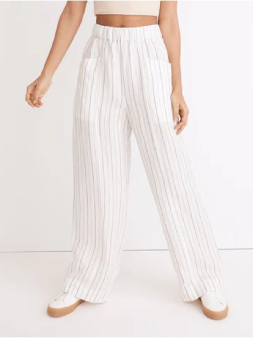 Linen-Blend Pull-On High-Rise Wide-Leg Pants in Stripe Size S